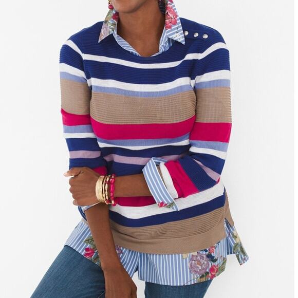 Chicos XL Striped Button Shoulder Pullover Sweater‎ Ribbed Stripes 3/4 Sleeves - Picture 11 of 11